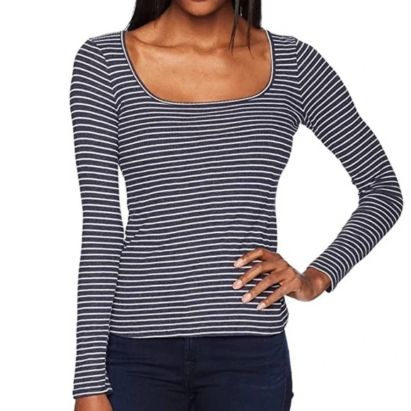 Three Dots Blue Hyannis Striped Top NWT - Picture 1 of 13